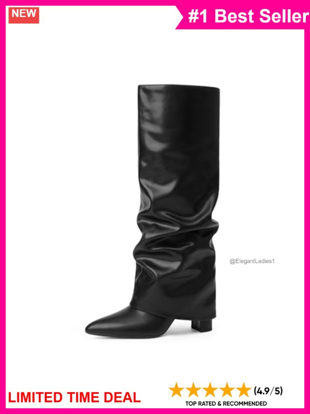 Knee High Boots Women Fold Over Chunky Heel Pointed Toe Tall Boots